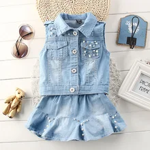 2017 Nouveaux enfants de costumes de filles d’été Jupe et Chemise Sans Manches Ensemble Fille perlée deux-pièce Denim costume