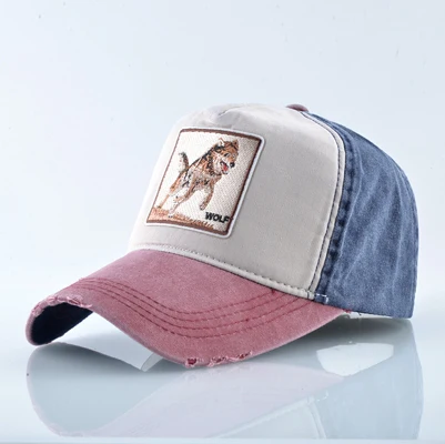 Летняя бейсбольная кепка для мужчин и женщин бейсболки модная вышитая животная бейсболка для папы Весенняя хлопковая промытая джинсовая хип-хоп кепки - Цвет: Red wolf1