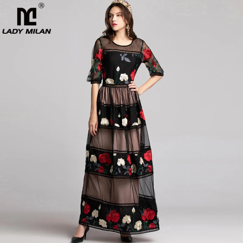 

Women's Runway Designer Dresses O Neck 3/4 Sleeves Tiered Embroidery Party Prom Floral Patchwork Elegant Long Maxi Dresses