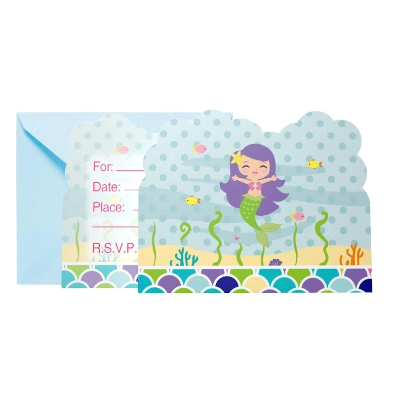  6pcs/set New Cartoon Little Mermaid Theme Invitation Cards For Kids Happy Birthday Party Decoration - 33000333740