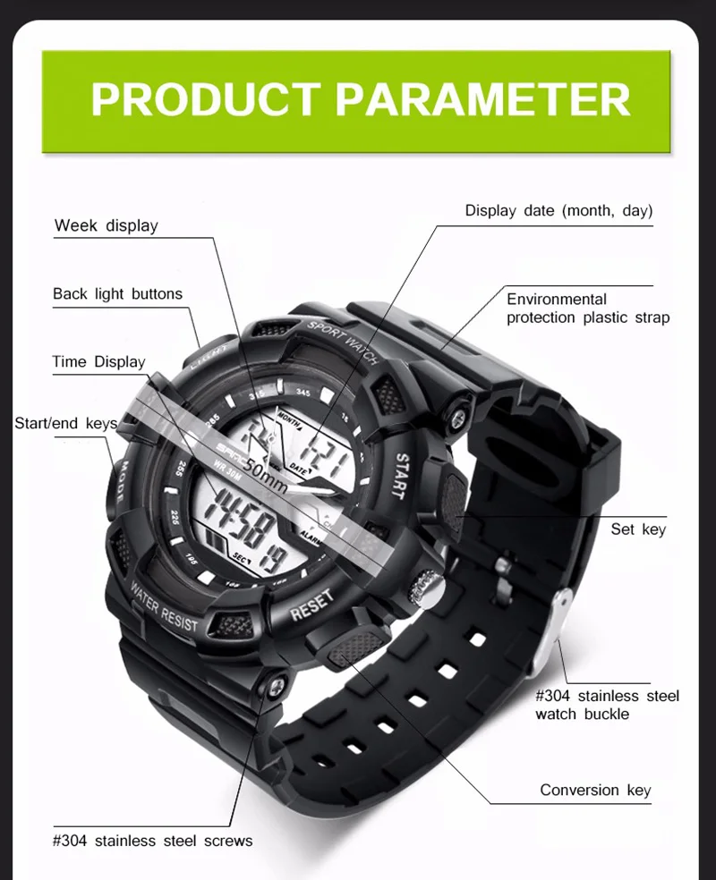 Multifunction waterproof dual display LED digital man's outdoor sport watch shock resistant couples watch