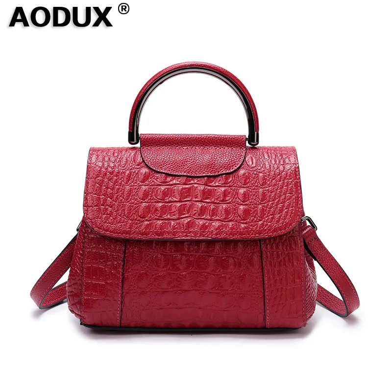 

AODUX 2018 Fashion Small 100% Genuine Leather Handbag Embossed Crocodile Alligator Pattern Cowhide Women Ladies Handel Sack Bag
