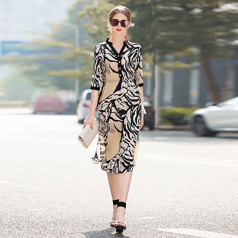 

Long Dress High Quality 2019 Summer New Women'S Fashion Party Boho Beach Sexy Vintage Elegant Chic Silk Tiger Print Dresses
