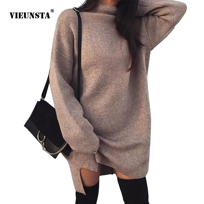 

VIEUNSTA Autumn Turtleneck Warm Sweater Dresses Women Winter Long Sleeve Loose Knitted Dress Casual Solid Dress Vestidos 2XL