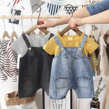 

Jeans overalls stripe shirt boy summer clothing set new fashion baby outfits