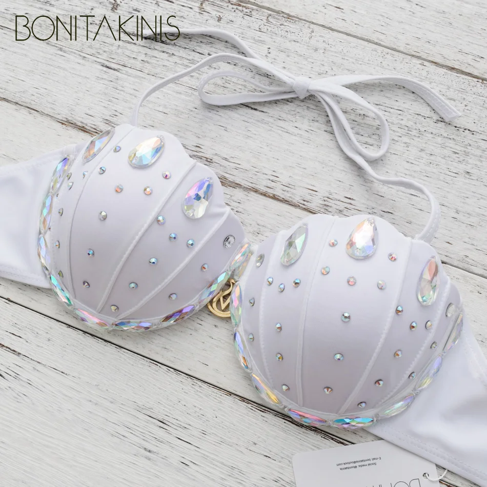 Bonitakinis traje de baño hecho a mano diamante brillo Push Up strass traje de baño cristal Bikini Set sirena mujeres traje de baño trajes de baño