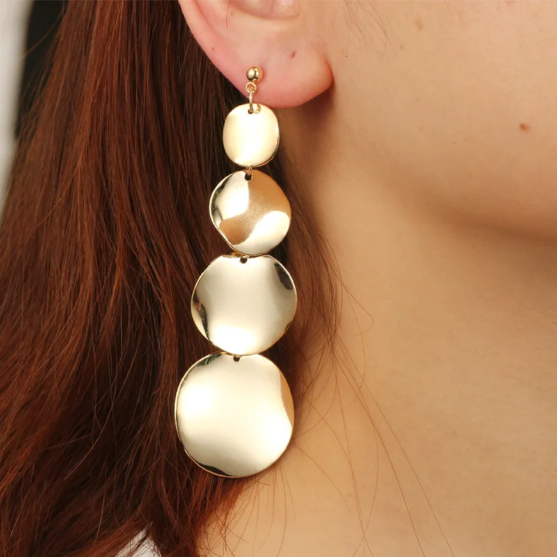 

European Style Vintage Round Alloy Sheet Long Drop Earrings Dangle Female Silver Gold Metal Geometric Earring Minimalist Jewelry