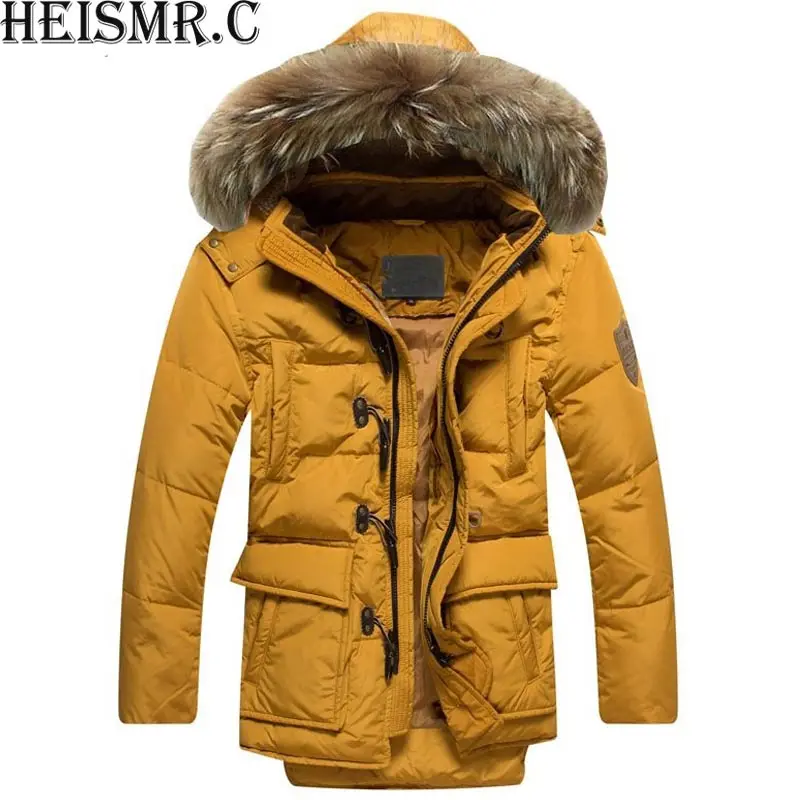 

HEISMR.C 2018 New Arrival Men's Duck Down Jacket Mens Winter Coat Men Horn Button Big Natural Fur Collar With Hooded Coat PJK02