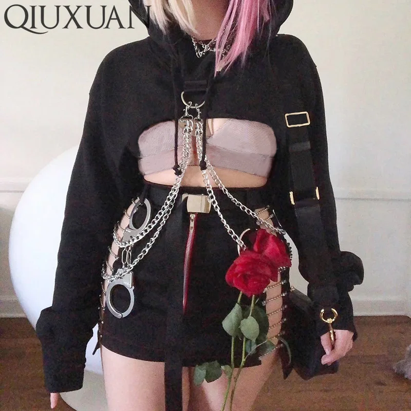 

QIUXUAN Streetwear Cool Girls Decathable Metal Chain Ultra Short Women Hoodies Fashion Raw Hem Long Sleeve Crop Sweatshirt Tops