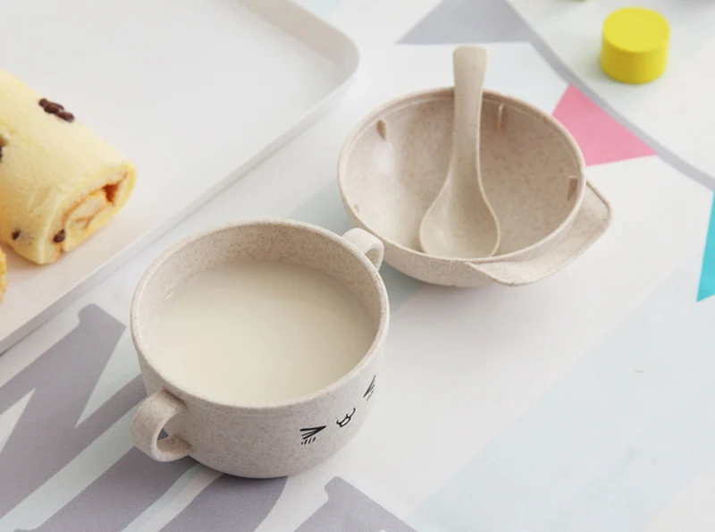 2pcs Baby Wheat Straw Bowl Cartoon Children Food Tableware Set Bamboo Eco-friendly Kids Dinner Plate Spoon Training Bowl BB5143 (5)