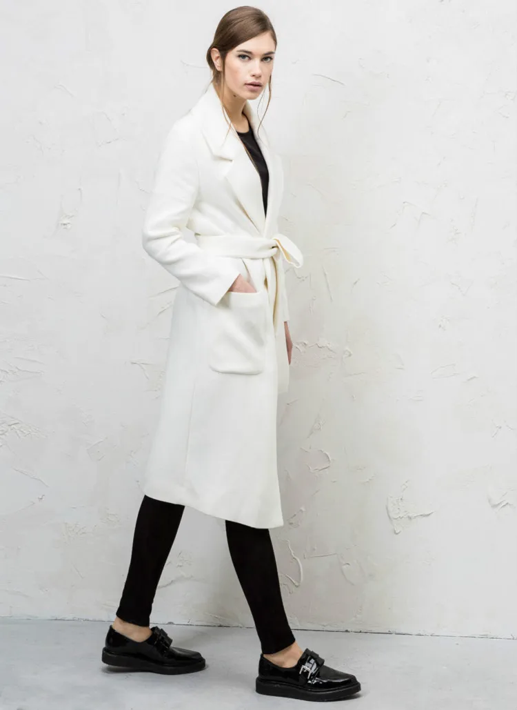 

UK abrigos mujer European British style 2018 Fall / Winter White Maxi Long coat Noched Pockets Outerwear Manteau femme