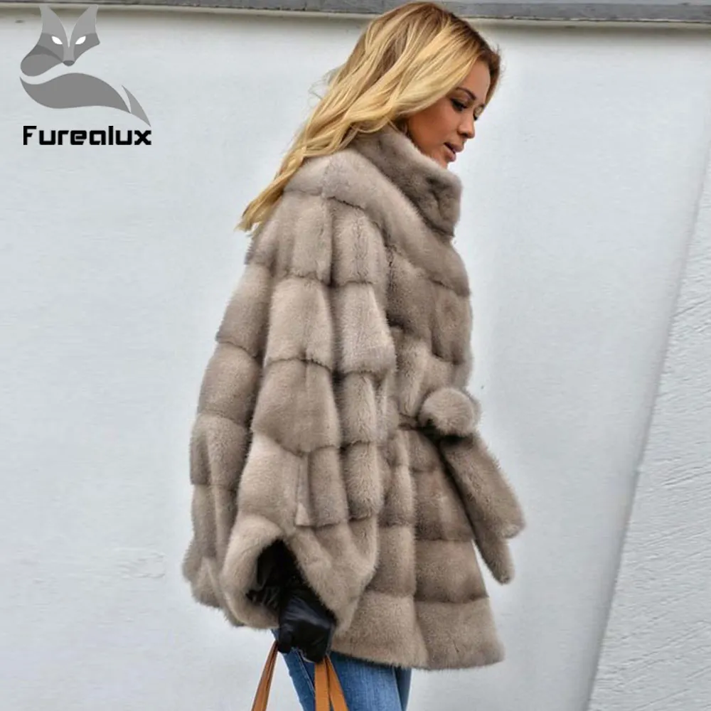 Женская Шуба из натурального меха Furealux с рукавом летучая мышь и воротником