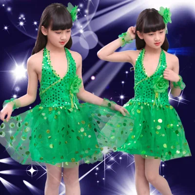 Детские костюмы для джазовых танцев; платье-пачка для девочек; костюм для выступлений; юбка с блестками для детей; одежда для командных выступлений; Одежда для танцев - Цвет: Green