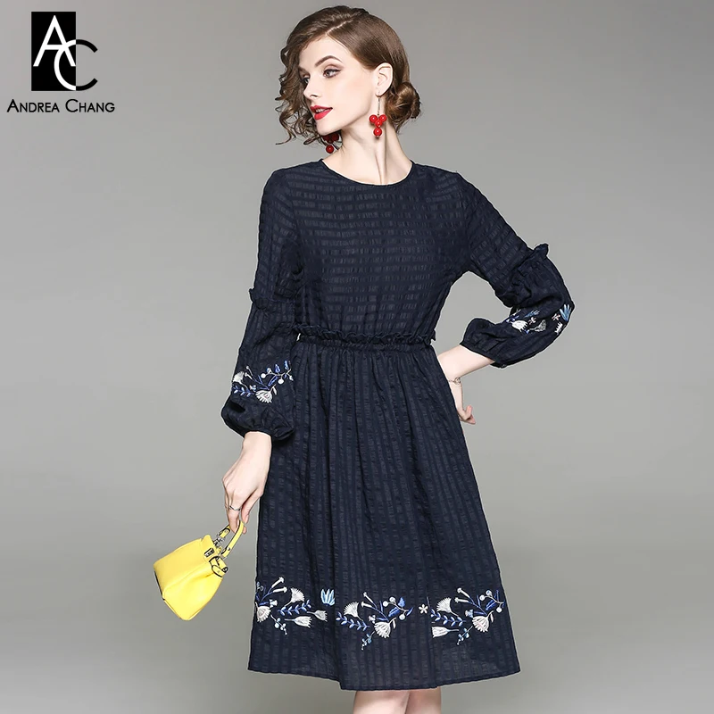 

autumn spring woman dress blue leaf white floral pattern embroidery bottom cuff dark blue dress casual vintage knee length dress