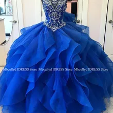 Ярко-Синий Тюль Пышное Платье красные бусины Кристалл каскадных бальное платье с оборками Сладкий 16 выпускное платье vestidos De 15 Anos