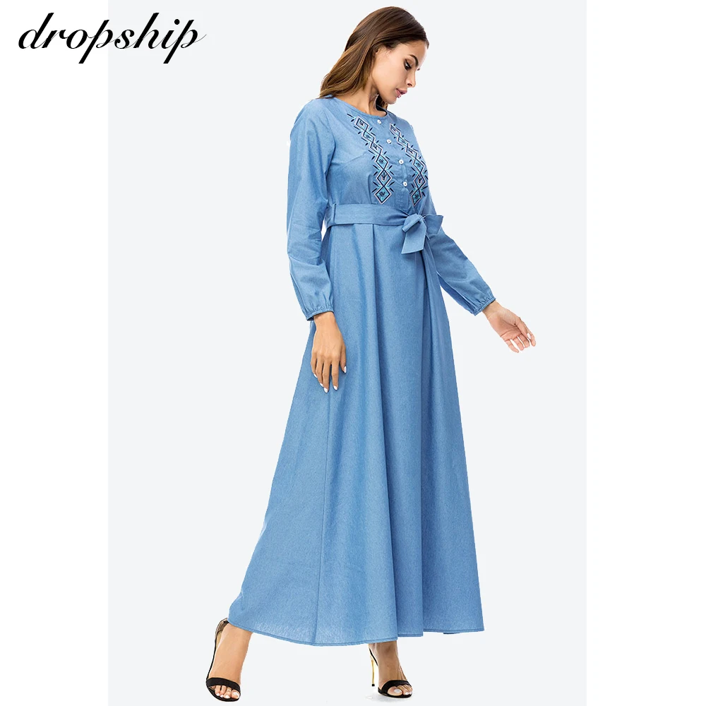 

Dropship Dress Women Dresses Maxi Long Plus Size Vintage Vestidos Verano 2019 Robe Femme Boho Embroidery Denim Belt Long Sleeve