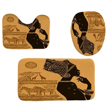 

4Pcs Home Bathroom Decor Set Bathroom Egyptian Woman Pattern Toilet Seat Cover Bath Mat Set+Waterproof Shower Curtain