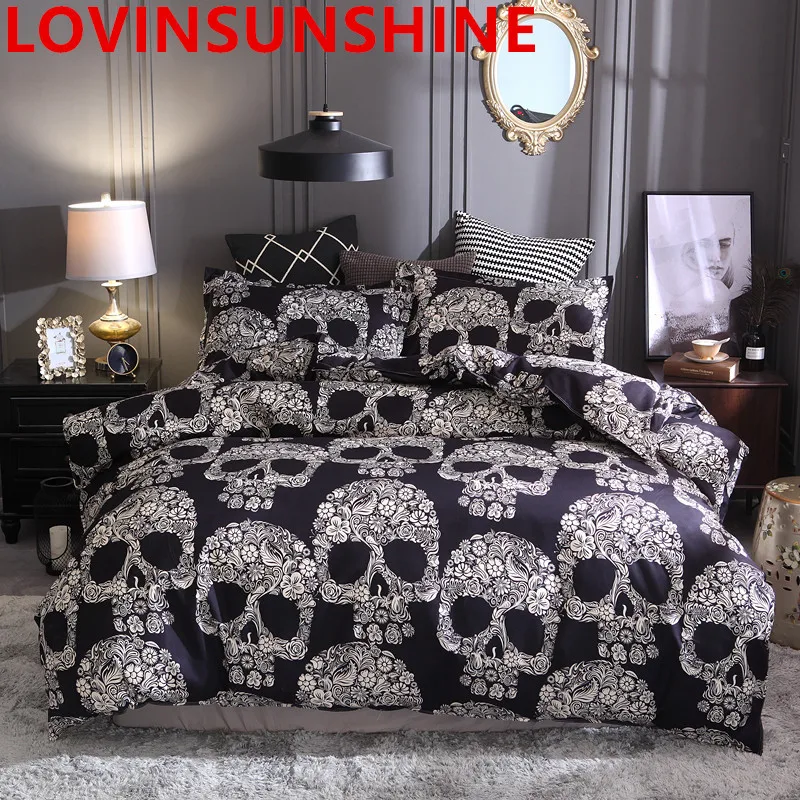 

LOVINSUNSHINE Skull Bedding set King Queen Size Reactive Printing Flower Skull Black Bottom Duvet Cover with pillowcase 3D bed