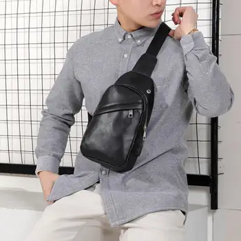 

Men Zipper Leather Crossbody Shoulder Chest Bag with USB Port Earphone Hole