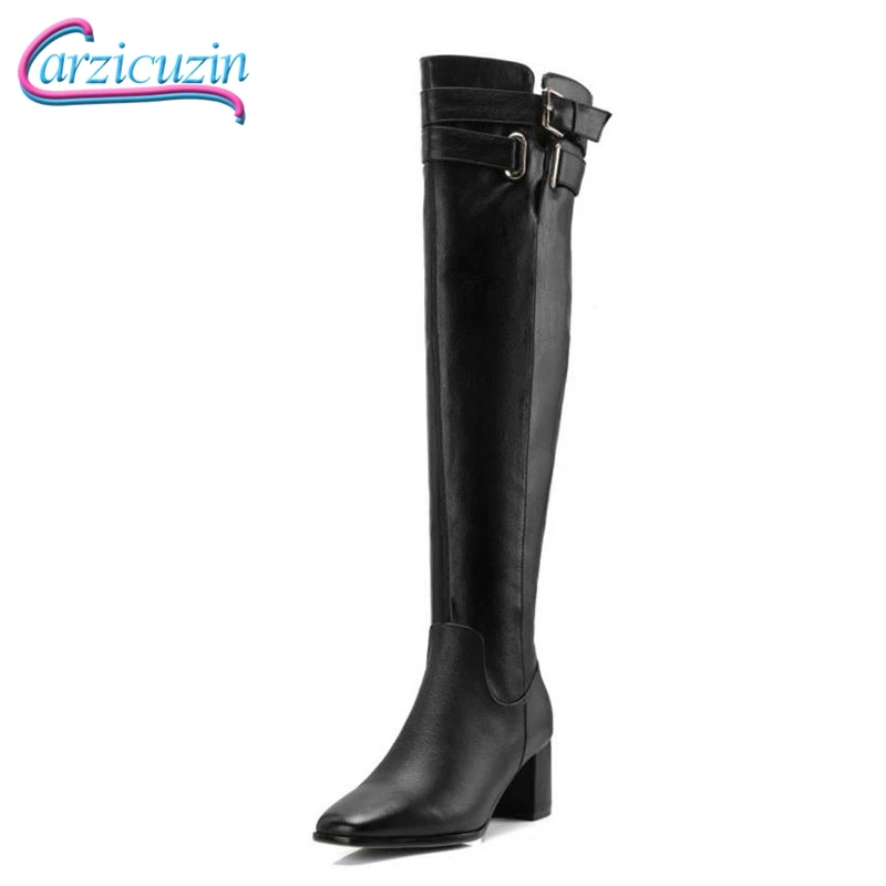 

CarziCuzin Women Thigh High Boots Genuine Leather Winter Shoes Women Fashion Buckle Warm Fur Thick High Heel Boots Size 33-40