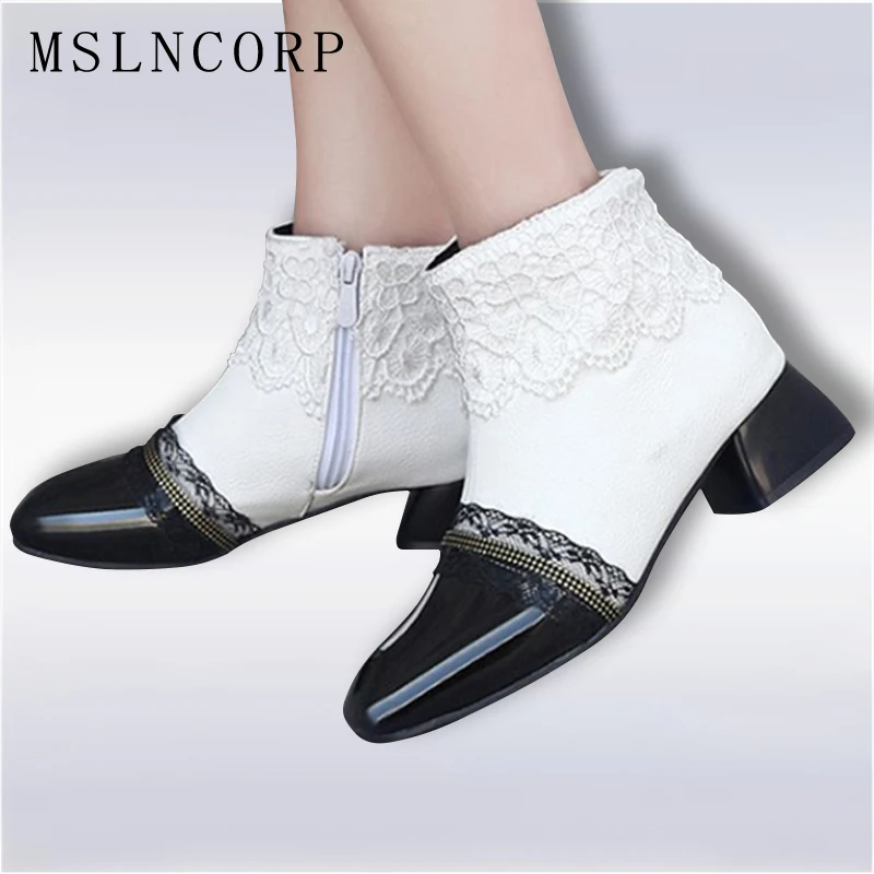 

Plus Size 34-43 New Women Boots Fashion Patent Leather Square Toe Ankle Boots Sexy Lace Cuff Ladies High Heels Shoes Woman Mujer