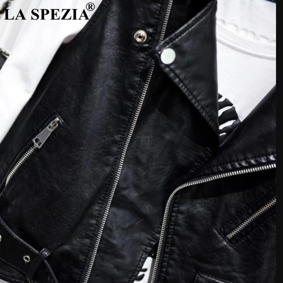 LA SPEZIA Biker Waistcoats Women Motorcycle Rock Zippers Vest Black Ladies Belt Punk Leather Pockets Autumn Sleeveless Jackets