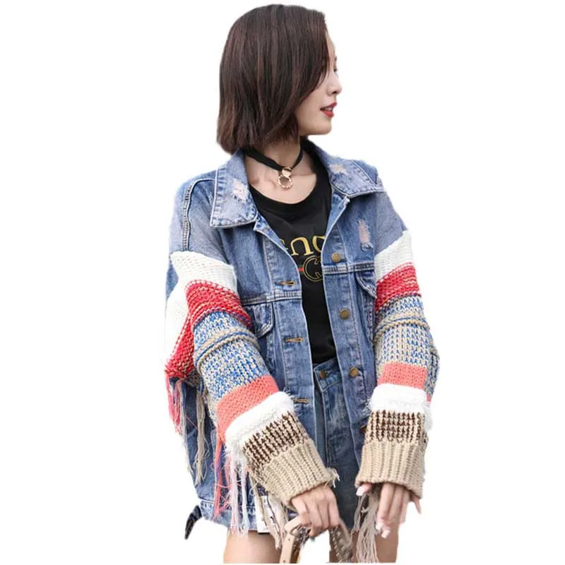 

2019 Women Patchwork Knitting Sleeve Denim Jackets For Women Ripped Hole Tassel Lady Jacket Autumn Fashion Tide Denim Coat JIA01