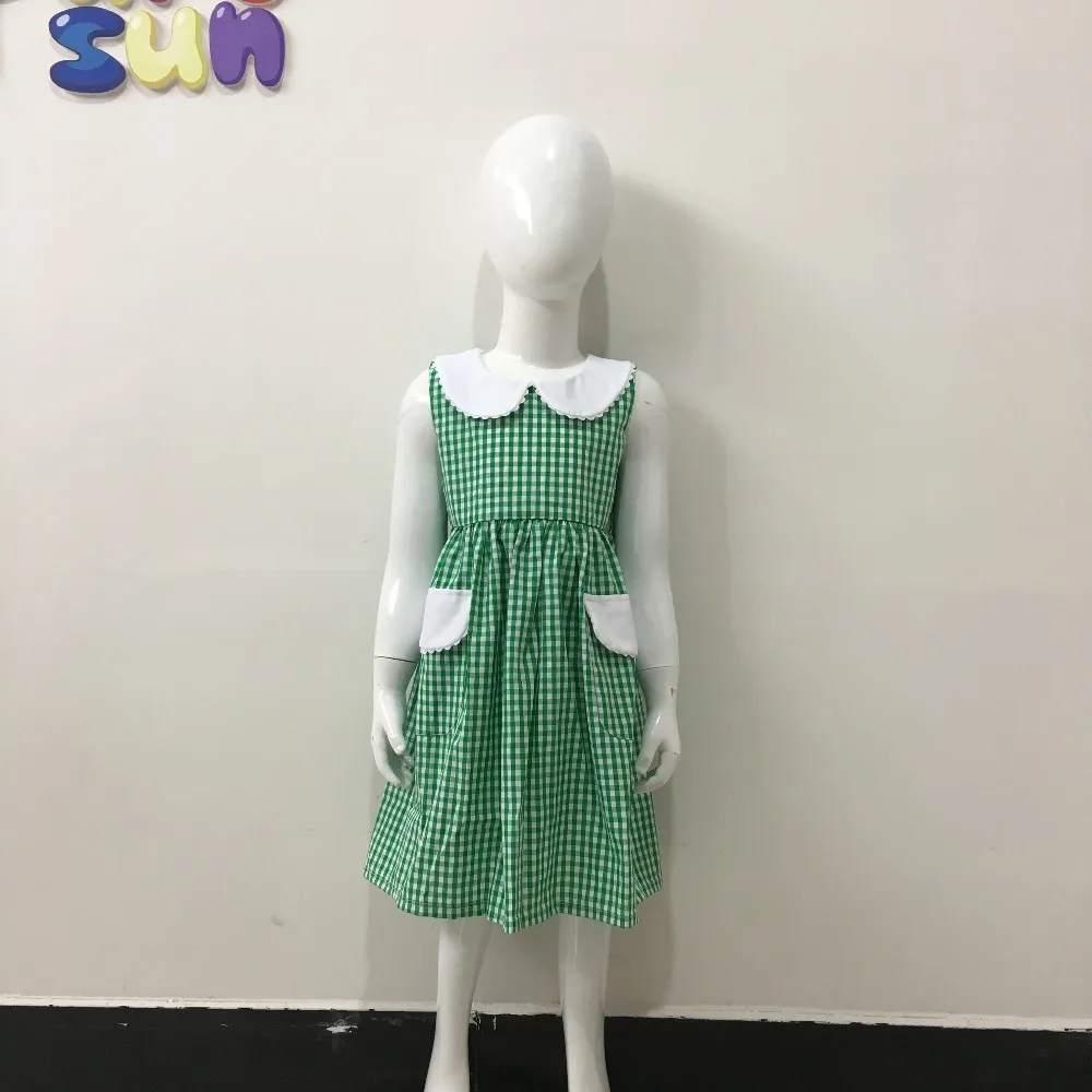 Puresun High Quality Design Girl Dress Children Green Gingham Dress With Button Princess Boutique Frocks Toddler Outfit