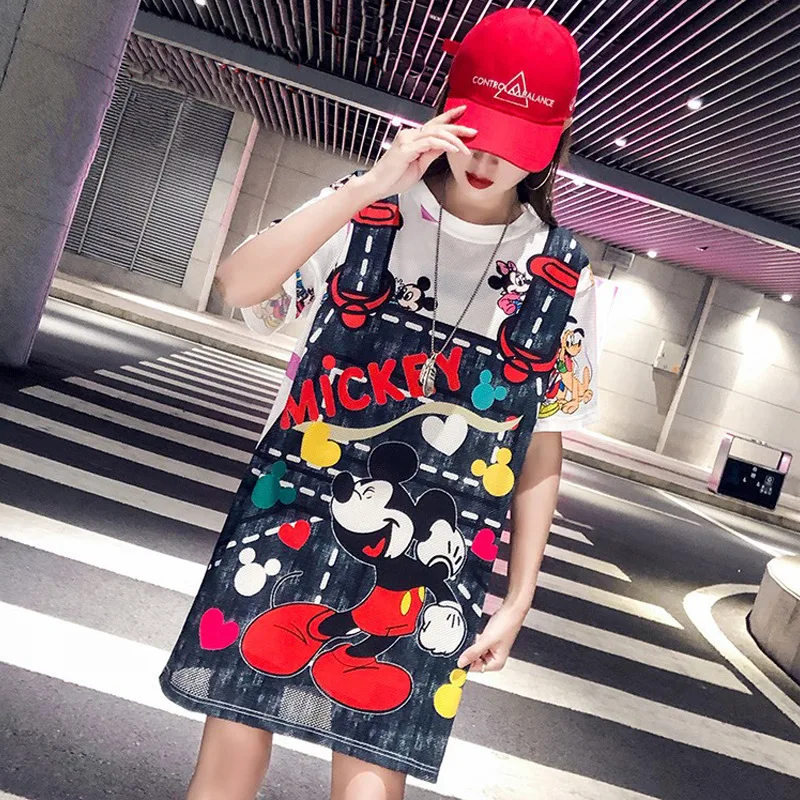 

Summer 2019 new trendy brand quick drying screen cloth Mickey printing medium-length loose sleeve short-sleeved dress woman