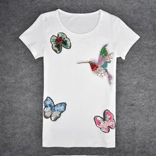 Женская летняя футболка с милыми бабочками и Колибри с вышивкой и пайетками, футболка с короткими рукавами, футболка