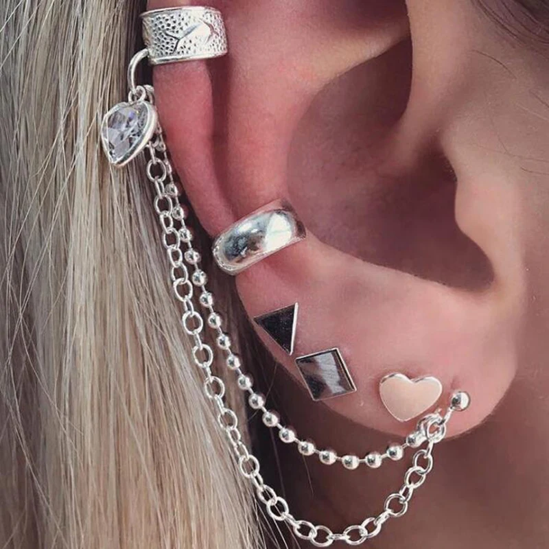 

5pcs/sets Vintage Geometric Triangle Square Crystal Heart Stud Earrings for Women Silver Chain Ear Cuff Punk Jewelry 3E844