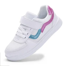 Новые стильные кроссовки для девочек, детская обувь для скейтбординга, полоса контрастного цвета, детская спортивная обувь с сеткой, дышащая обувь на плоской подошве