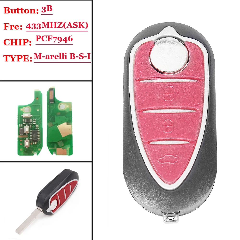 

3 Button Remote Flip Key For Alfa Romeo Giulietta 2010- Marelli BSI/Del 433MHz with PCF7946 chip 71765806 No Mark