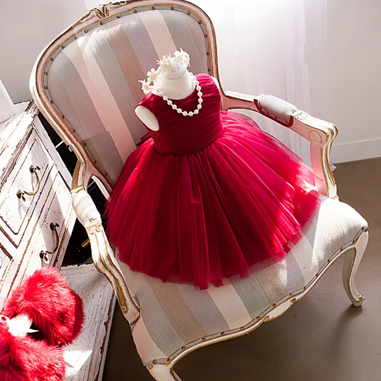 Рождественские платья принцессы для девочек с обручем, Красные Платья с цветочным принтом без рукавов для свадебной вечеринки, платья с фатиновой юбкой, торжественное платье без ожерелья