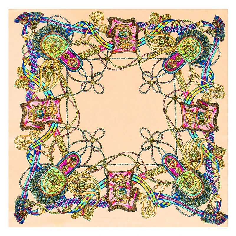 [POBING] шелк, женский квадратный шарф с кисточками, испанская цепочка, с принтом, для девушек, брендовые палантины, высокое качество, шали для офиса, женский платок, 60 см