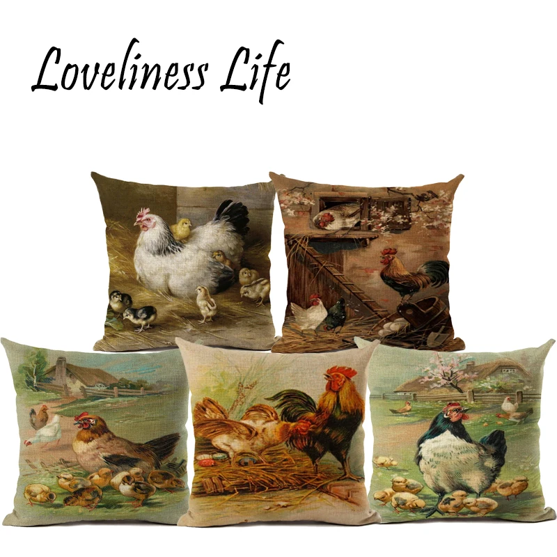 Customized Retro Chicken Printing Cotton Linen Easter Decorative Pillow