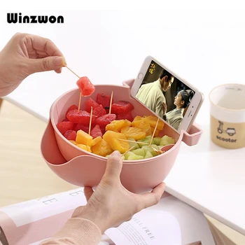 

1Pcs Creative Double Layer Plastic Dry Fruit Food Containers Melon Seed Nut Bowl Candy Snack Storage Box With Phone Holder Stand