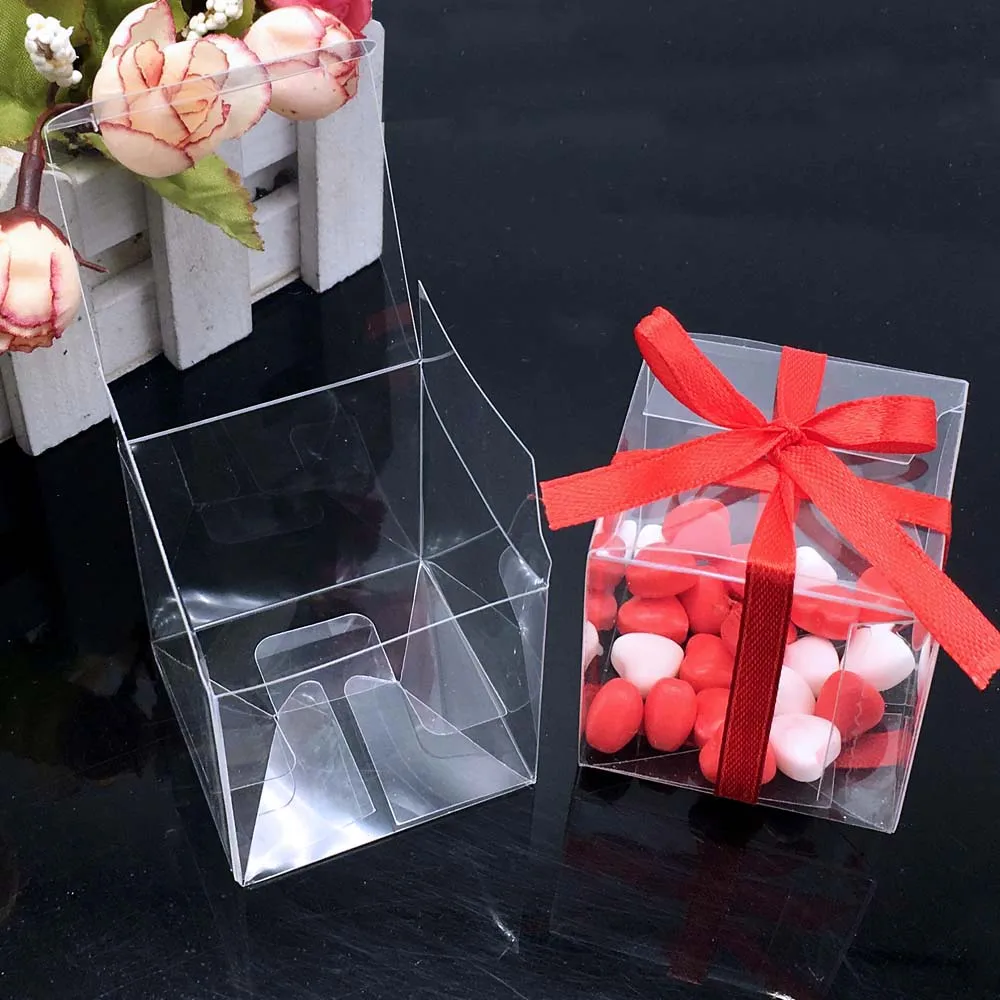 

100 Pieces/lot PVC Square Gift Boxes Favor Candy Packing Souvenir Box Transparent Event Chocolate Dessert Bags 5x5x5cm