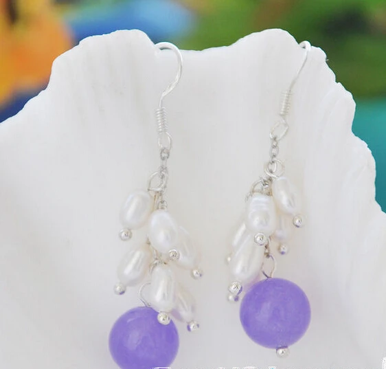 

FREE SHIPPING>>> Free shipping BW0905 10mm lavender jade white pearl Grapes Shaped Earring-925 Silver Hook new