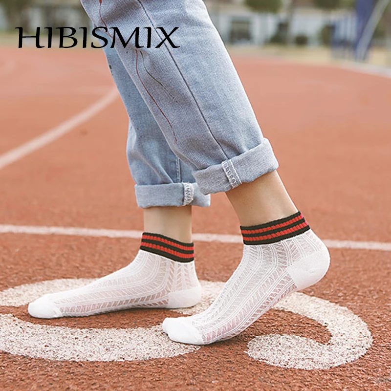 HIBISMIX 5 пар женские открытые носки летние полосатые сетчатые хлопковые черные белые женские короткие носки S0052