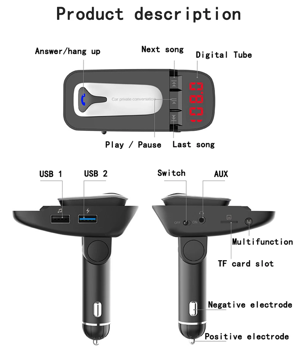 Съемная Bluetooth гарнитура, беспроводной fm-передатчик, Bluetooth автомобильный комплект, Handsfree MP3 плеер, двойное USB быстрое зарядное устройство, Радио адаптер