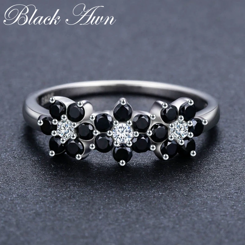 Black Awn милые 925 пробы серебряные ювелирные изделия цветок Bague черная шпинель свадебные кольца для женщин и девушек вечерние подарки CC464