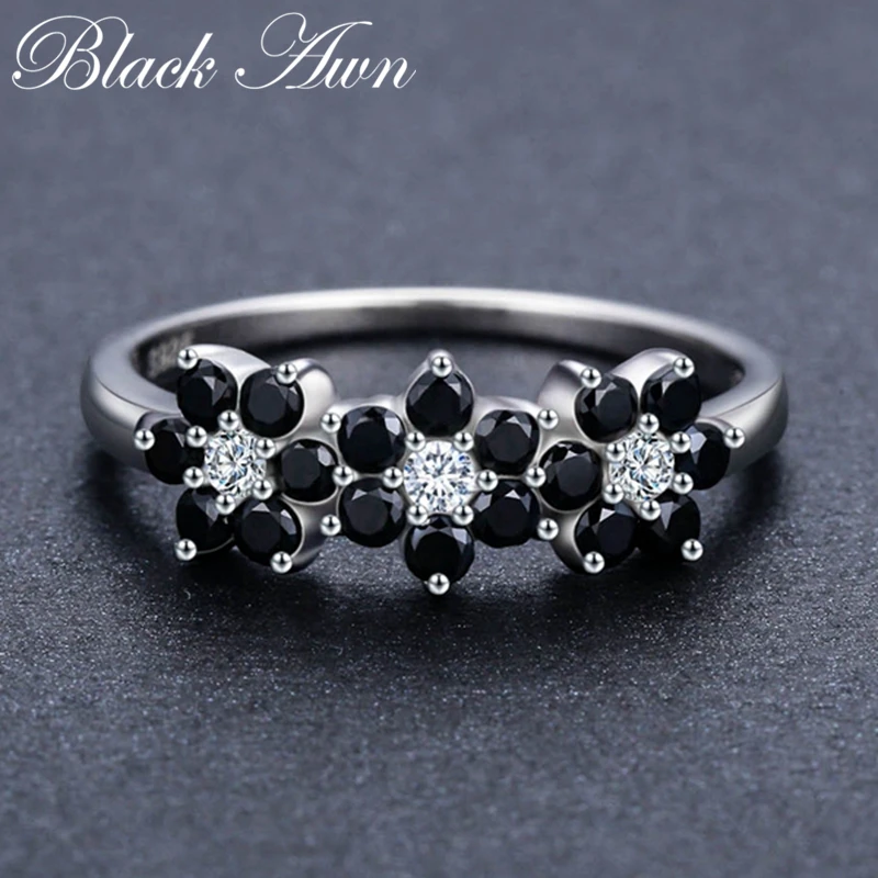 Silver Rings Silver Ring Wedding Rings Jewelry Flower Bague Black Spinel For Women Girl Party Gift