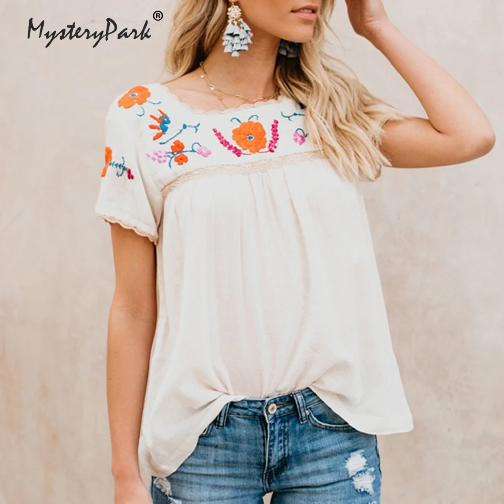 MysteryPark Beige Fashion Embroidered Fringe Blouses 2018 Summer Womens Casual Tops Square Collar Short Sleeve Patchwork Blouse Blouses