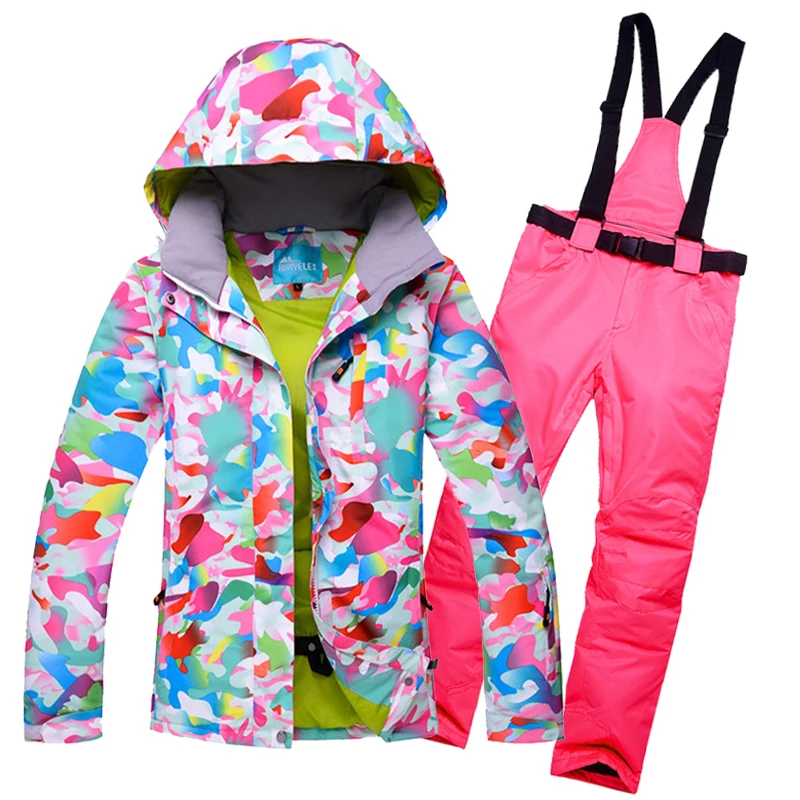 

Colorfull snowboard suit womens Thermal waterproof female snow ski suit -30 DEGREES Women skiing jacket and pant set windbreaker