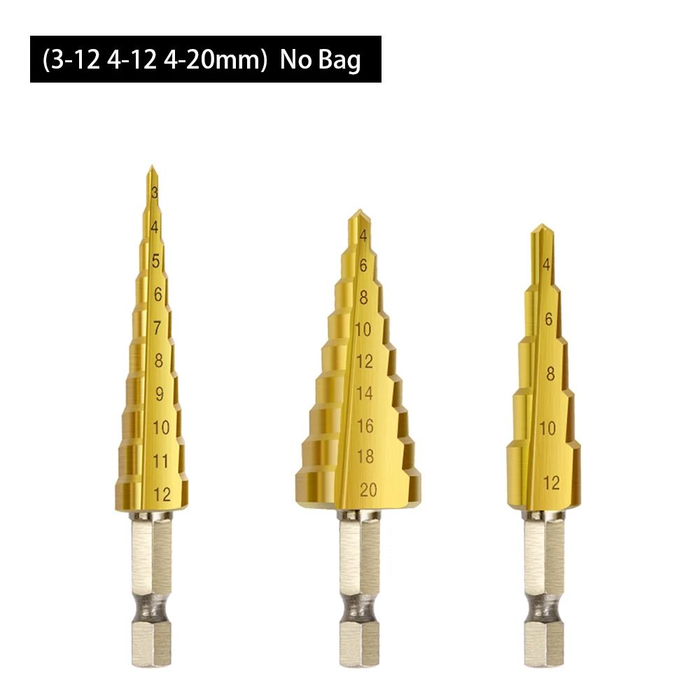 Small 3pcs No Bag 3 ПК ступенчатое сверло из быстрорежущей стали с Титан покрытием шаг конус металлическая дыра резак 4-12/20/32 мм металлический шестигранный Конические Сверла Мощность инструменты аксессуары - Цвет: Small 3pcs No Bag