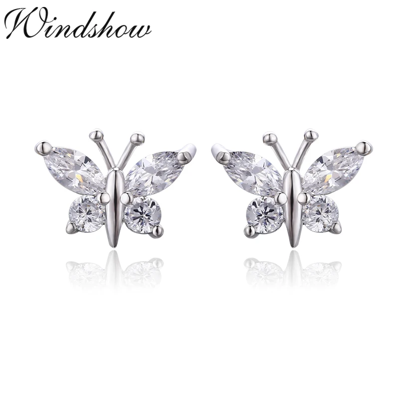 Милые маленькие 925 пробы серебряные бабочки белые CZ серьги-гвоздики для женщин детей девочек Детская бижутерия Orecchini Aros Aretes