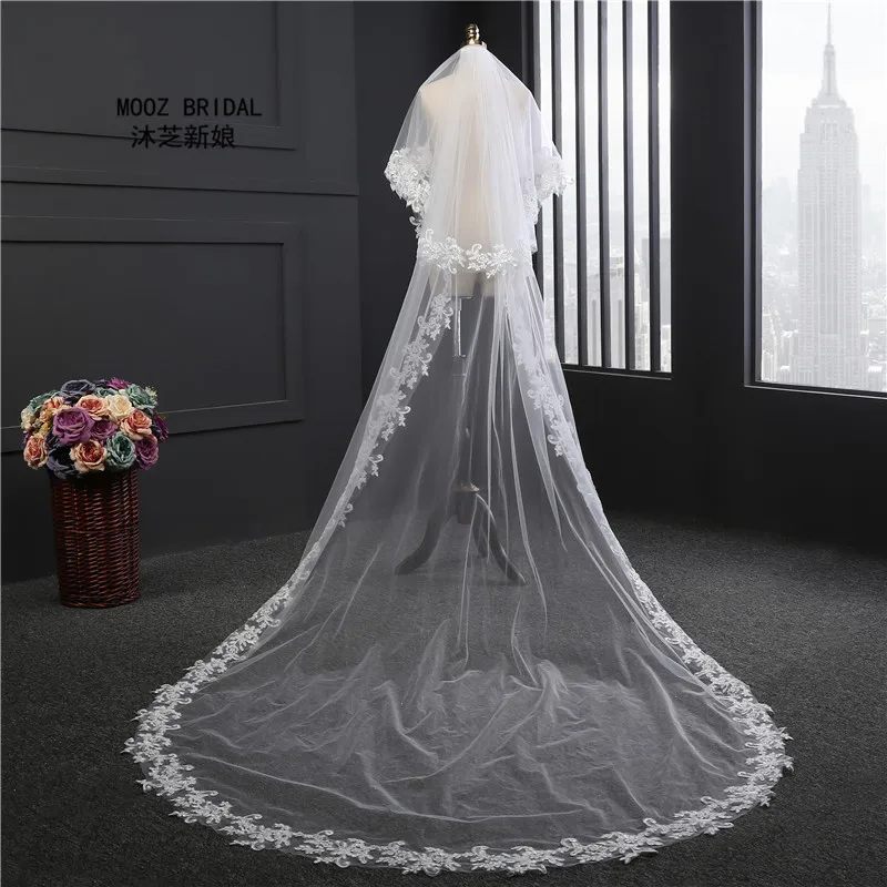 

3m Wedding Veils Two Layers Cut Edge See Through Tulle New Style Real Images White Ivory Applique Lace Bridal Veil with Comb