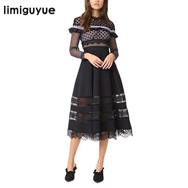 Limiguyue Новое поступление осеннее платье с автопортретом женское кружевное платье с длинным рукавом в стиле пэчворк Длинные платья для вечеринок vestidos H0733 - Цвет: picture