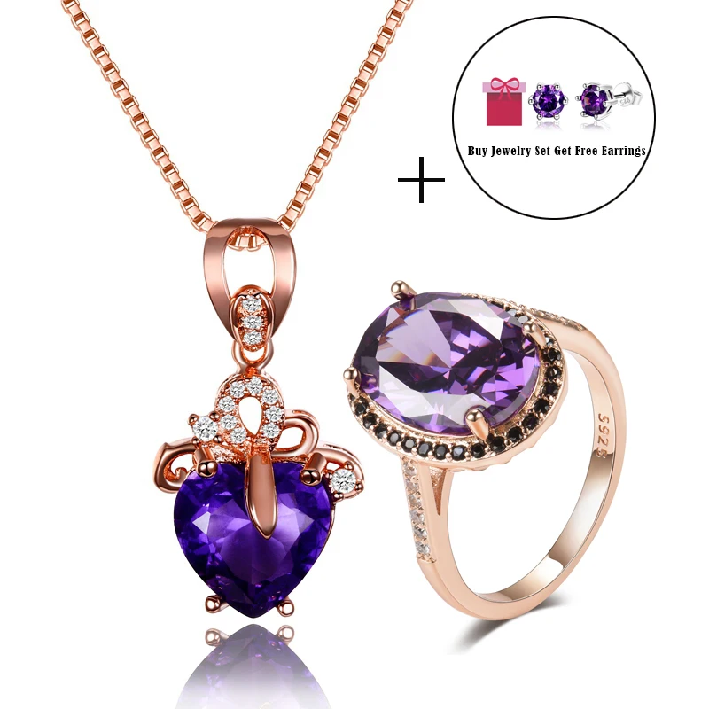 

Top Quality Rose Gold Amethyst Wedding Jewelry Sets For Women Solid 925 Sterling Silver set Wholesale Party Engagement Gifts